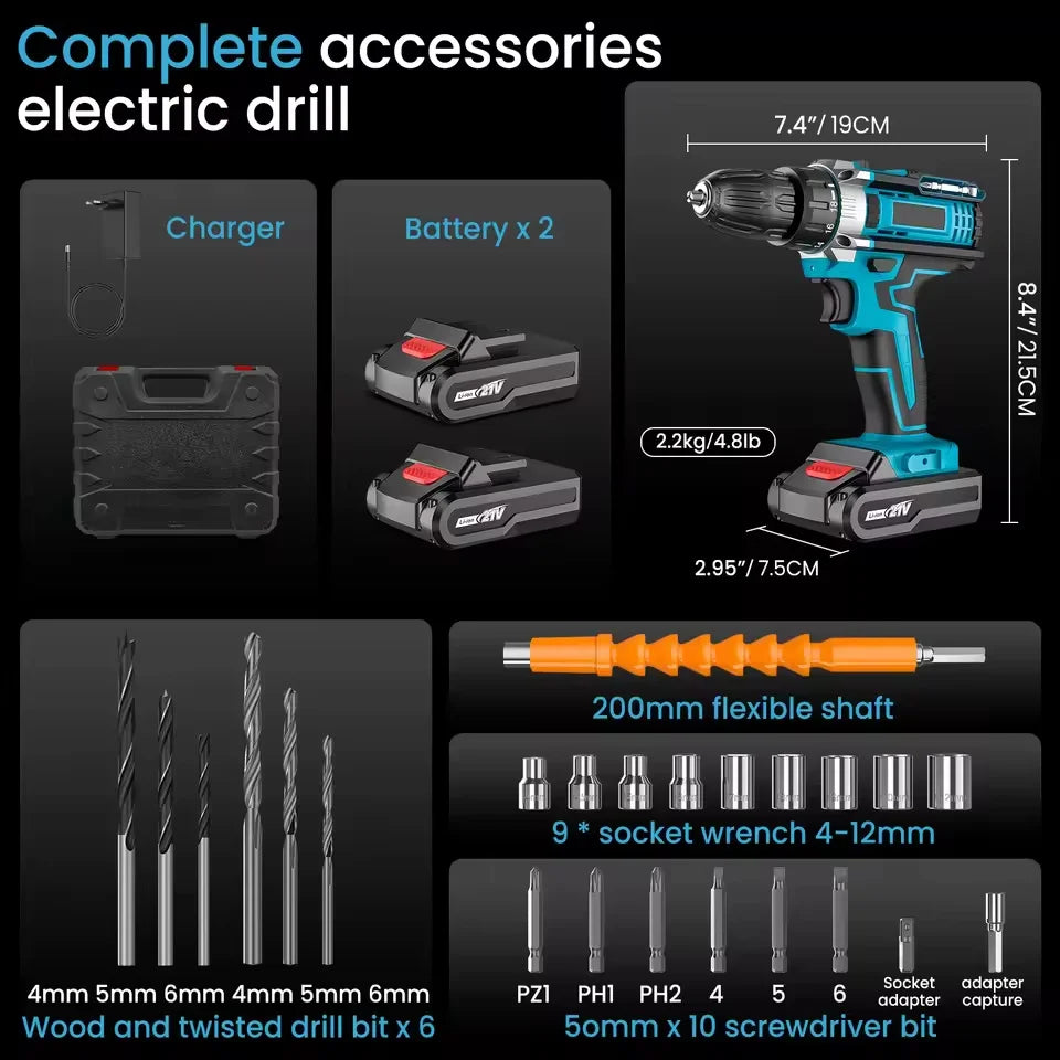 32N.m Cordless Impact Screwdriver 1350rpm Handheld Drill Power Tool 32 Torque Setting Electric Screwdriver With 2 *21VBatteries
