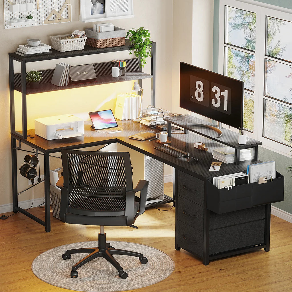 L-Desk with hash, Gaming Desk with LED lighting, Computer Desk with power outlet, angle Desk with filing cabinet drawer and screen holder