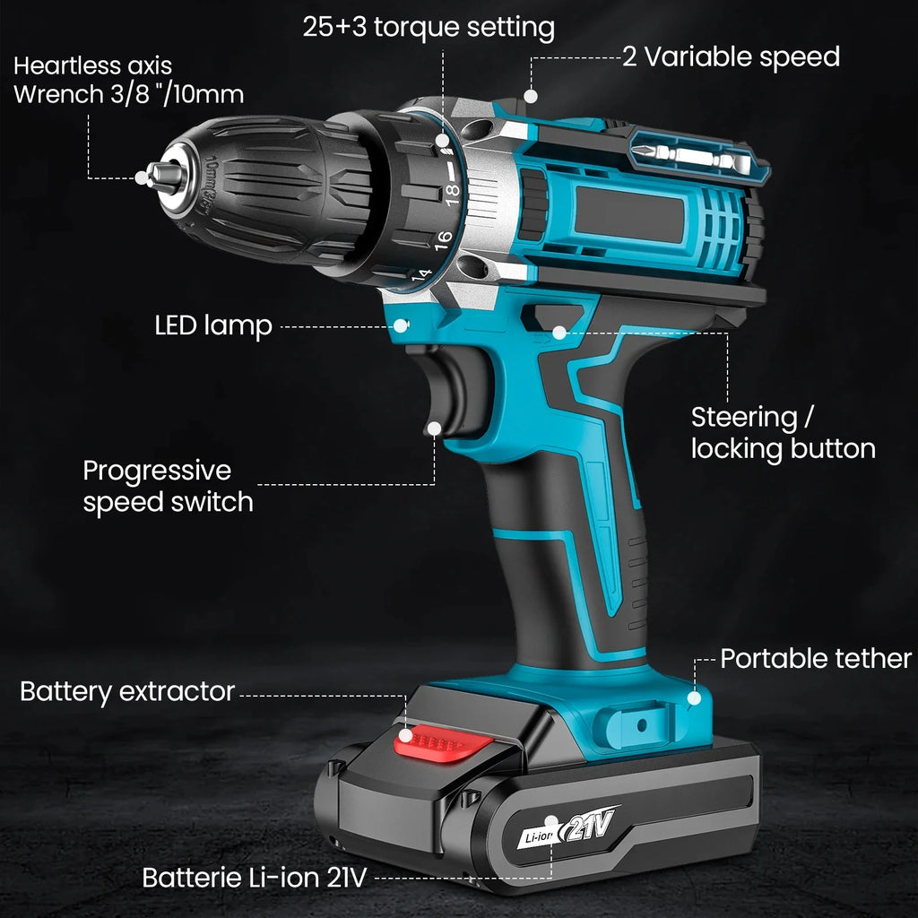 32N.m Cordless Impact Screwdriver 1350rpm Handheld Drill Power Tool 32 Torque Setting Electric Screwdriver With 2 *21VBatteries
