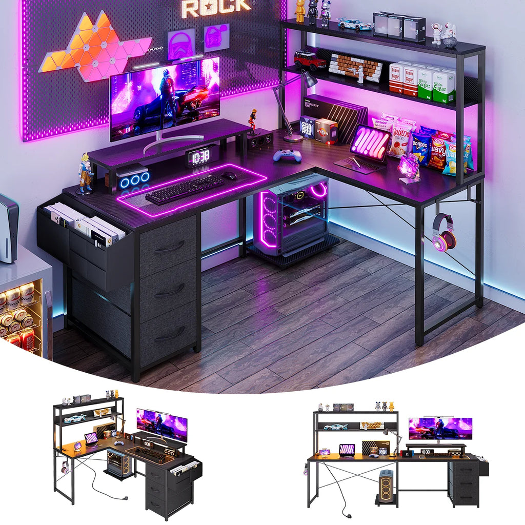 L-Desk with hash, Gaming Desk with LED lighting, Computer Desk with power outlet, angle Desk with filing cabinet drawer and screen holder