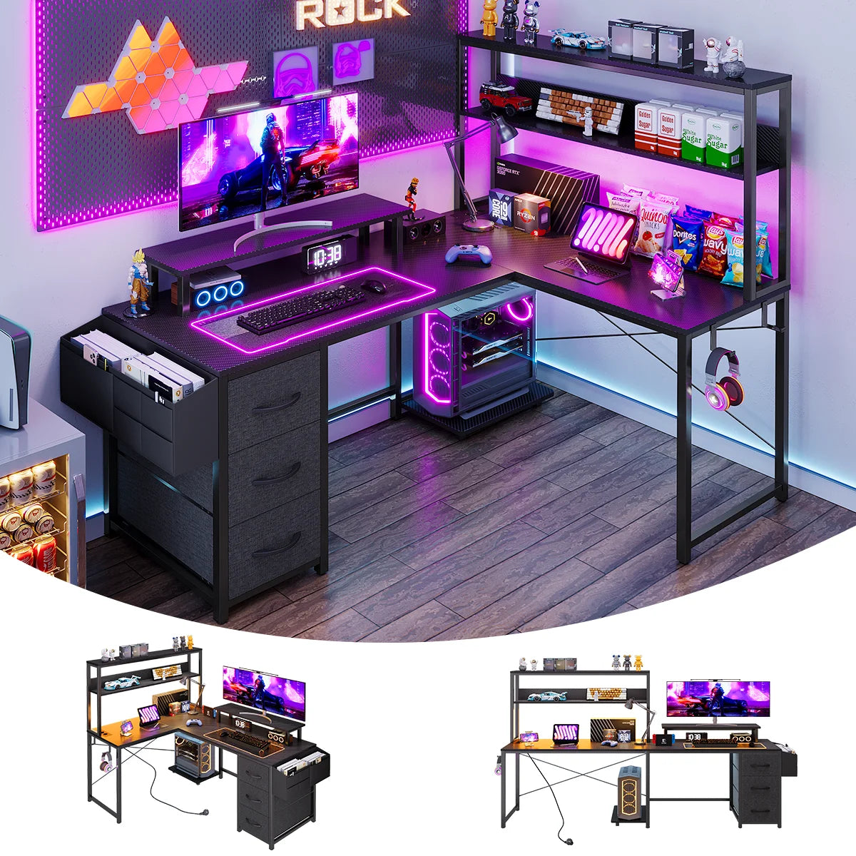 L-Desk with hash, Gaming Desk with LED lighting, Computer Desk with power outlet, angle Desk with filing cabinet drawer and screen holder