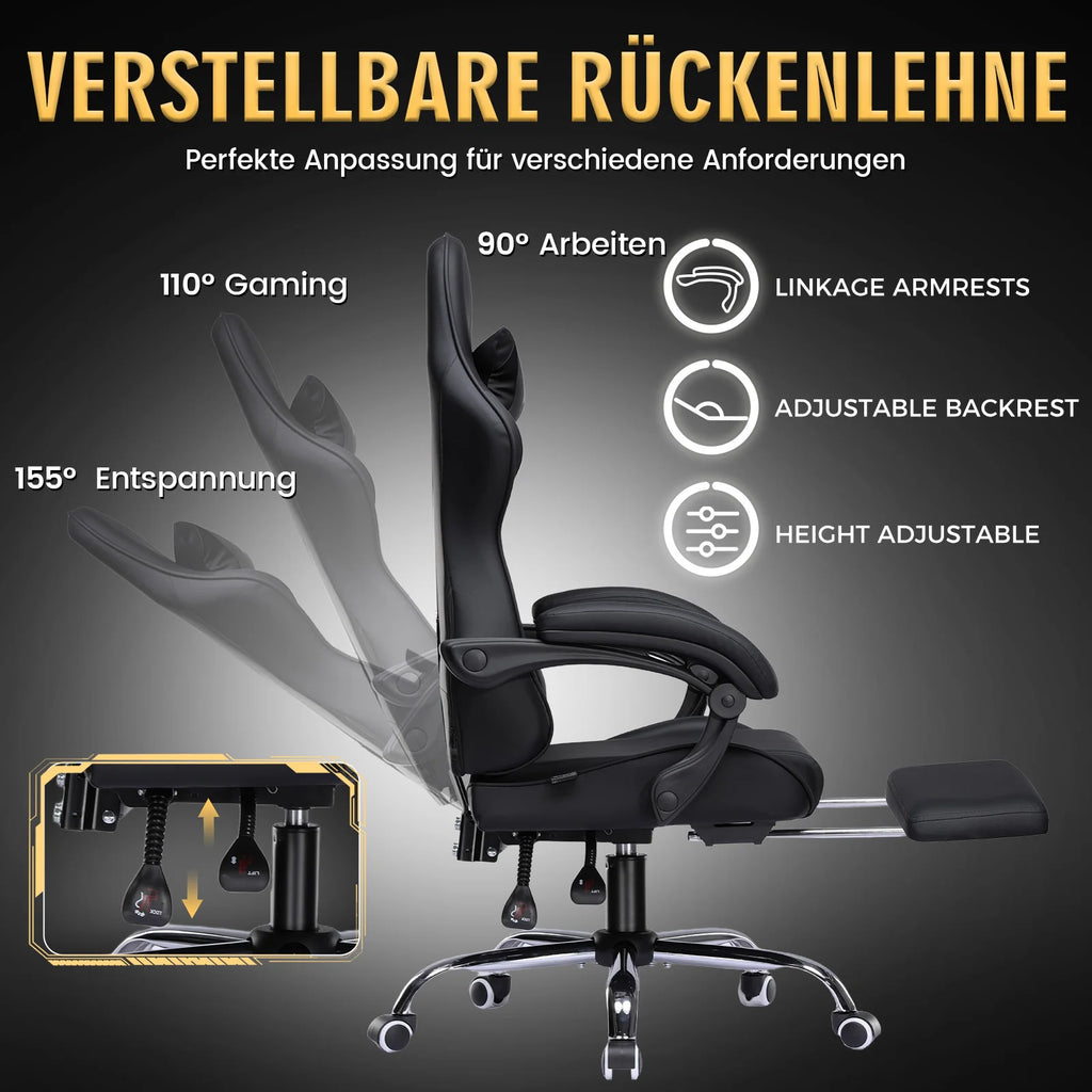 GTPLAYER Gaming chair Ergonomic Office Chair with Loin Support & Massage Function Height Adjustable Upholstered 150 kg