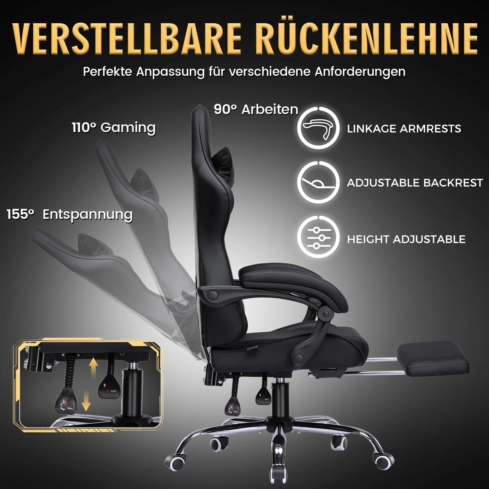 GTPLAYER Gaming chair Ergonomic Office Chair with Loin Support & Massage Function Height Adjustable Upholstered 150 kg