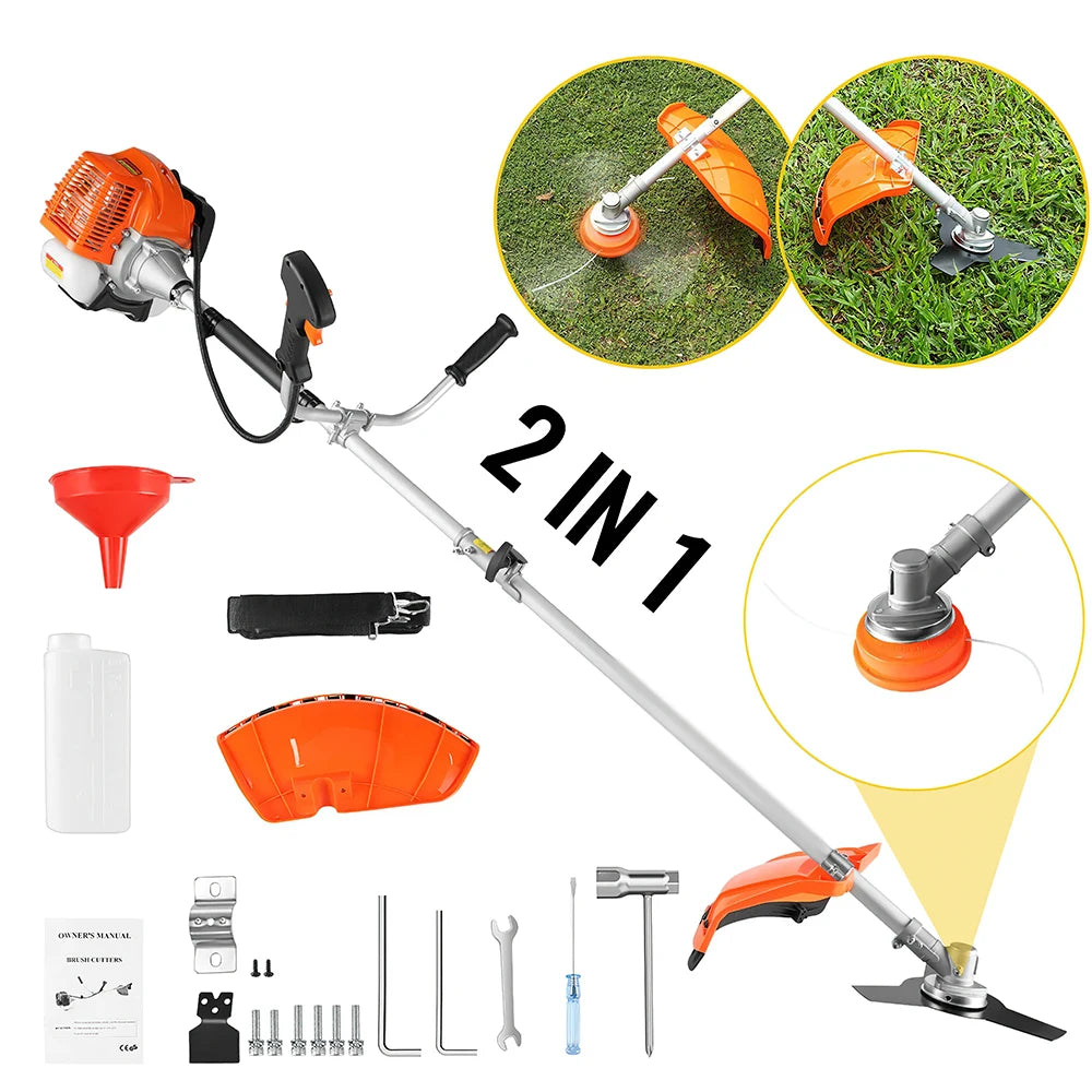 52cc 2‑in‑1 Petrol Brush Cutter Grass Trimmer 2‑Stroke Powerful Garden Strimmer Eater Tool with Blade & Line for Garden Weed