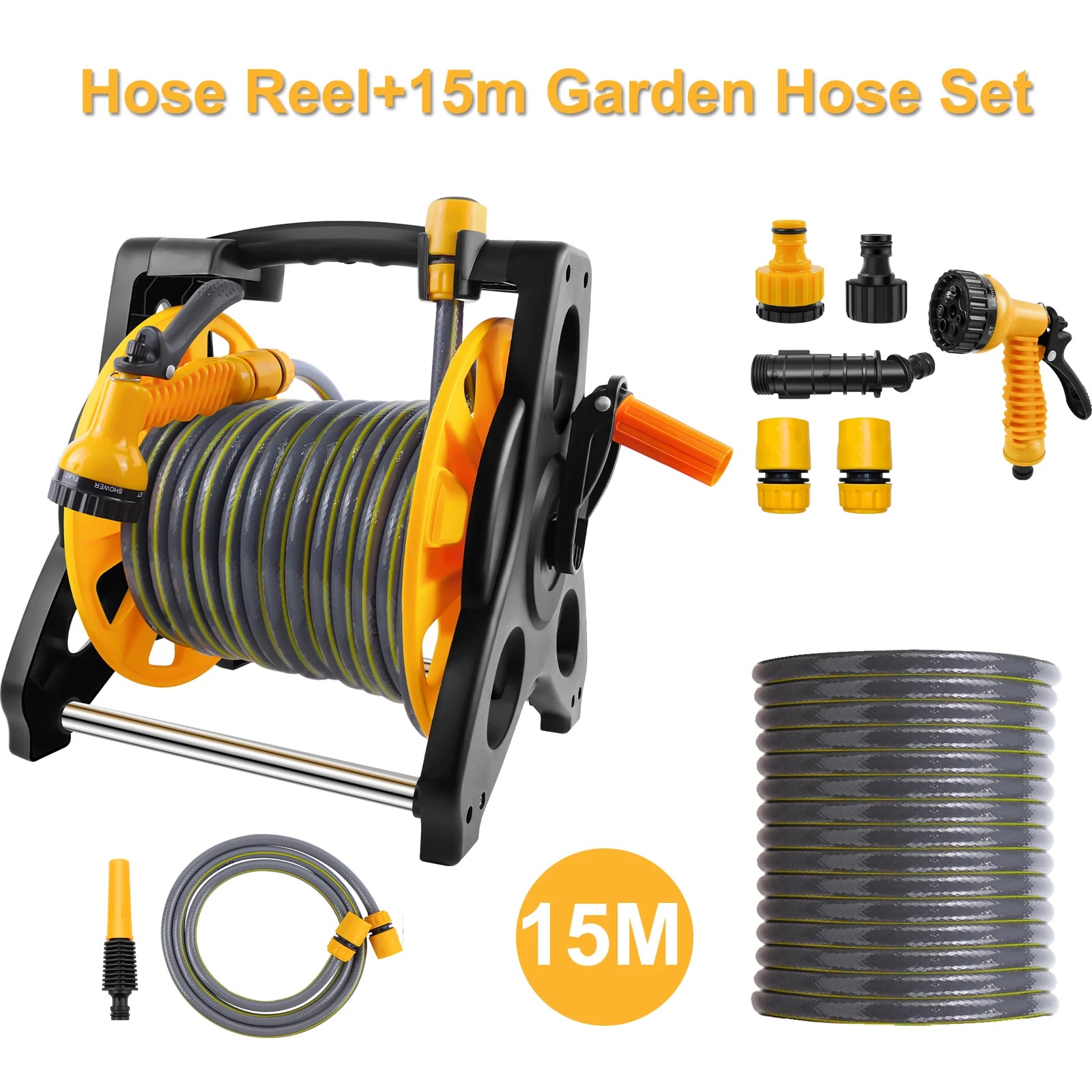 15/25/30M Garden Water Hose Reel Floor Standing Hose Reel Heavy Duty Hose Reel with Nozzle 7 Patterns & Fittings