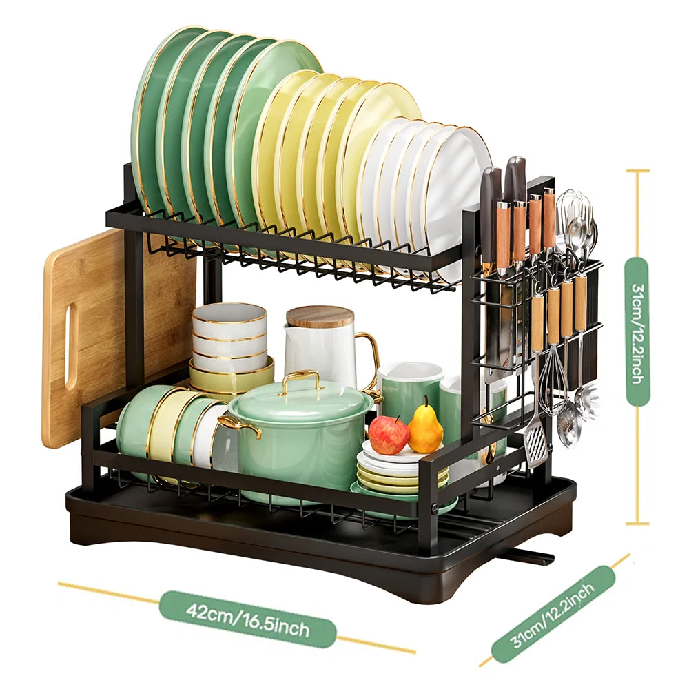 2 Layers Dish Drying Rack With Drainboard Household Dish Storage Holder Carbon Steel Sink Kitchen Organizer with Cutlery Holder