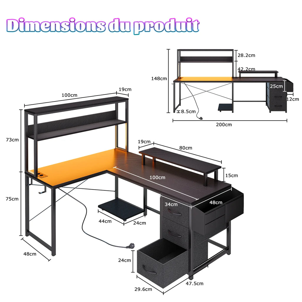L-Desk with hash, Gaming Desk with LED lighting, Computer Desk with power outlet, angle Desk with filing cabinet drawer and screen holder