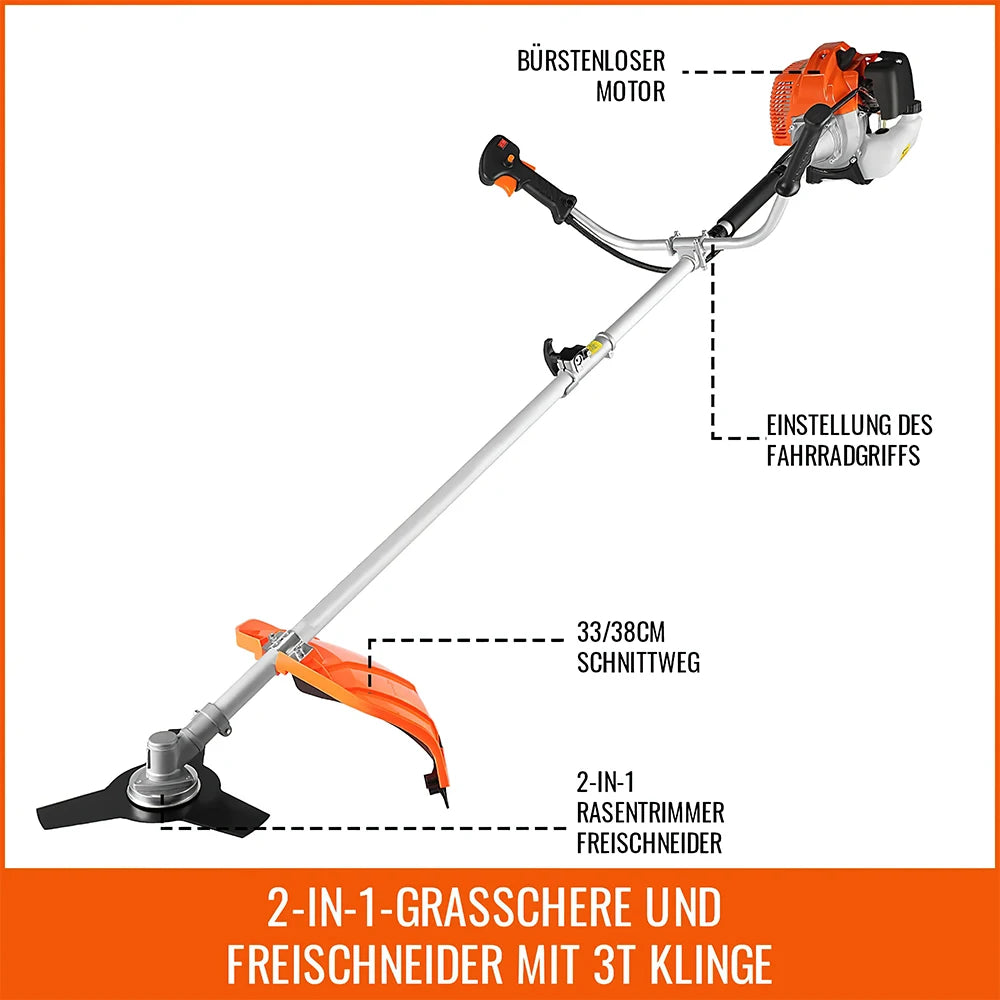 52cc 2‑in‑1 Petrol Brush Cutter Grass Trimmer 2‑Stroke Powerful Garden Strimmer Eater Tool with Blade & Line for Garden Weed
