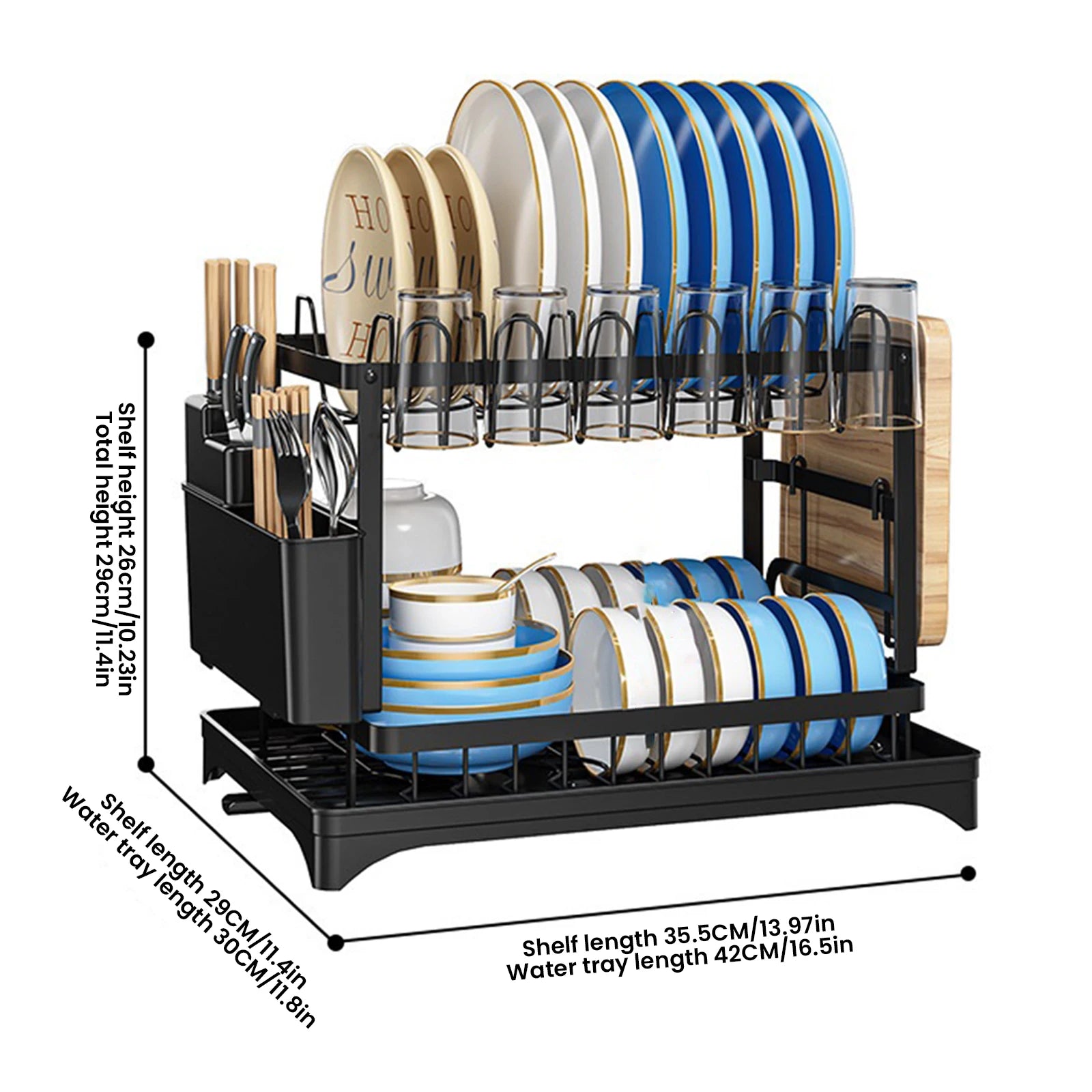 2 Layers Dish Drying Rack With Drainboard Household Dish Storage Holder Carbon Steel Sink Kitchen Organizer with Cutlery Holder