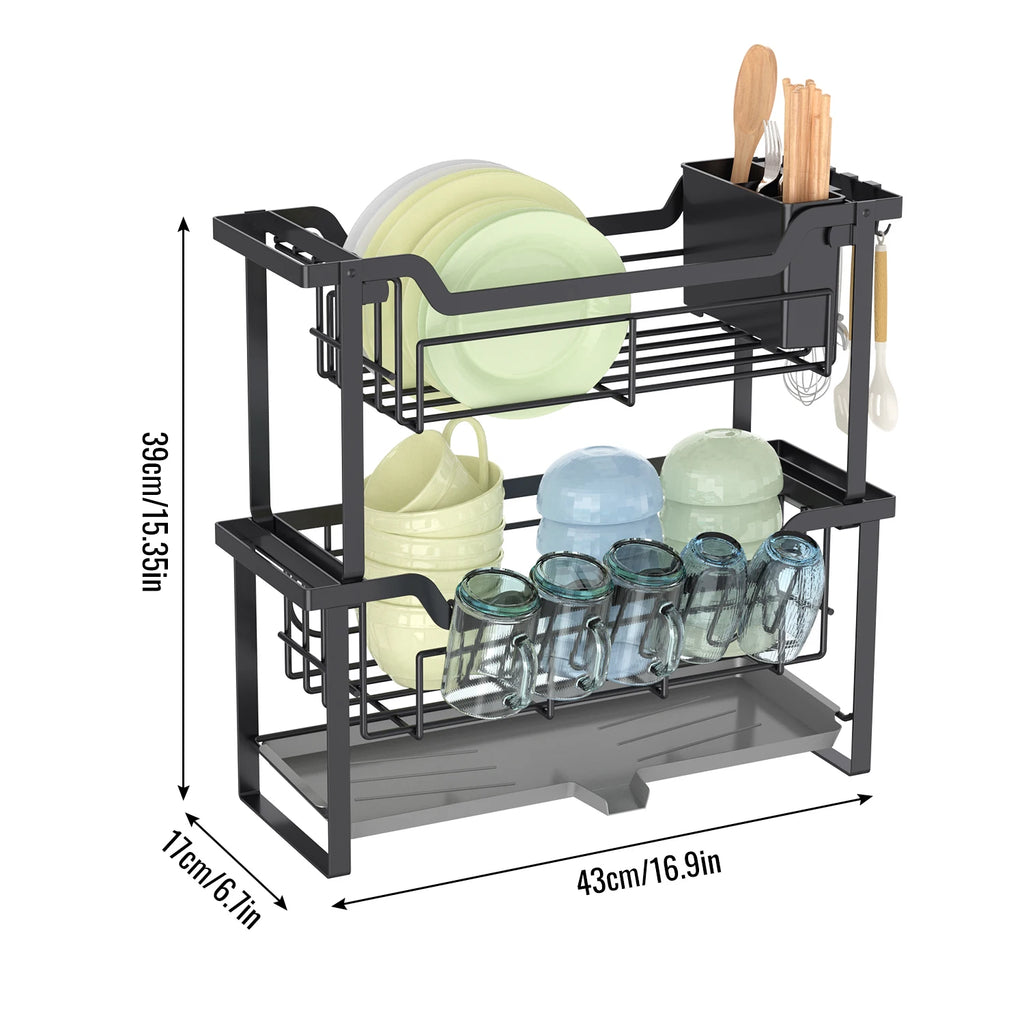 2 Layers Dish Drying Rack With Drainboard Household Dish Storage Holder Carbon Steel Sink Kitchen Organizer with Cutlery Holder