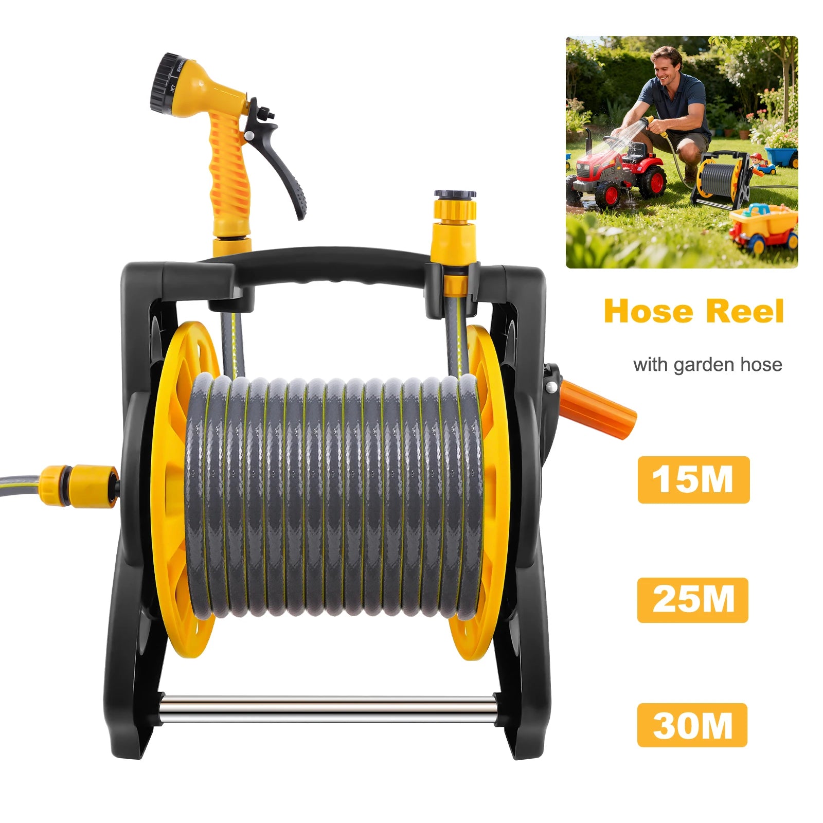 15/25/30M Garden Water Hose Reel Floor Standing Hose Reel Heavy Duty Hose Reel with Nozzle 7 Patterns & Fittings