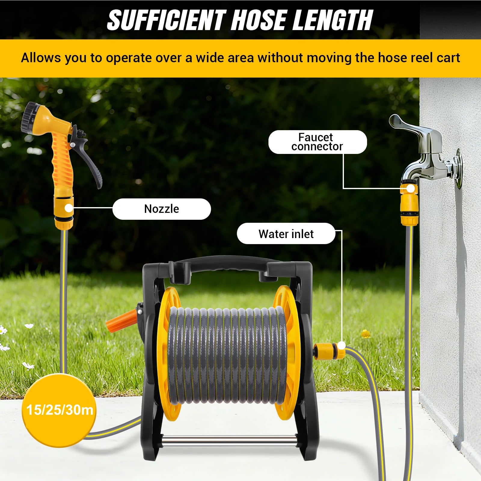 15/25/30M Garden Water Hose Reel Floor Standing Hose Reel Heavy Duty Hose Reel with Nozzle 7 Patterns & Fittings