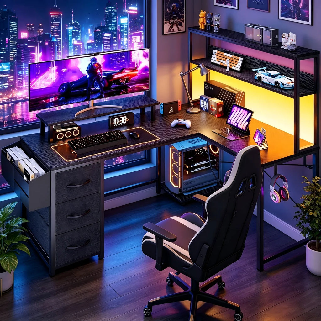 L-Desk with hash, Gaming Desk with LED lighting, Computer Desk with power outlet, angle Desk with filing cabinet drawer and screen holder
