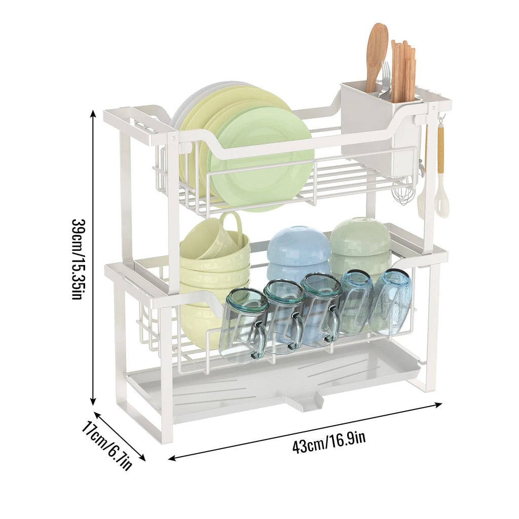 2 Layers Dish Drying Rack With Drainboard Household Dish Storage Holder Carbon Steel Sink Kitchen Organizer with Cutlery Holder