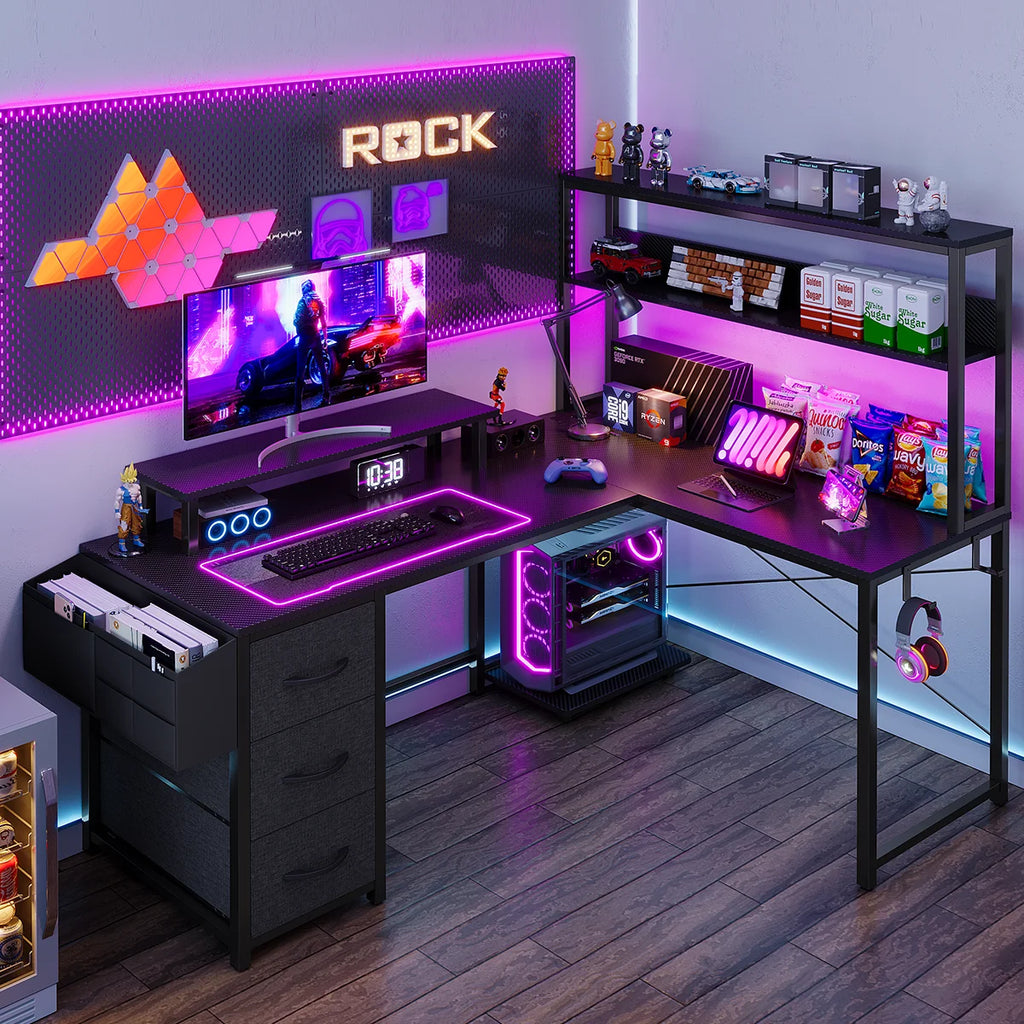 L-Desk with hash, Gaming Desk with LED lighting, Computer Desk with power outlet, angle Desk with filing cabinet drawer and screen holder