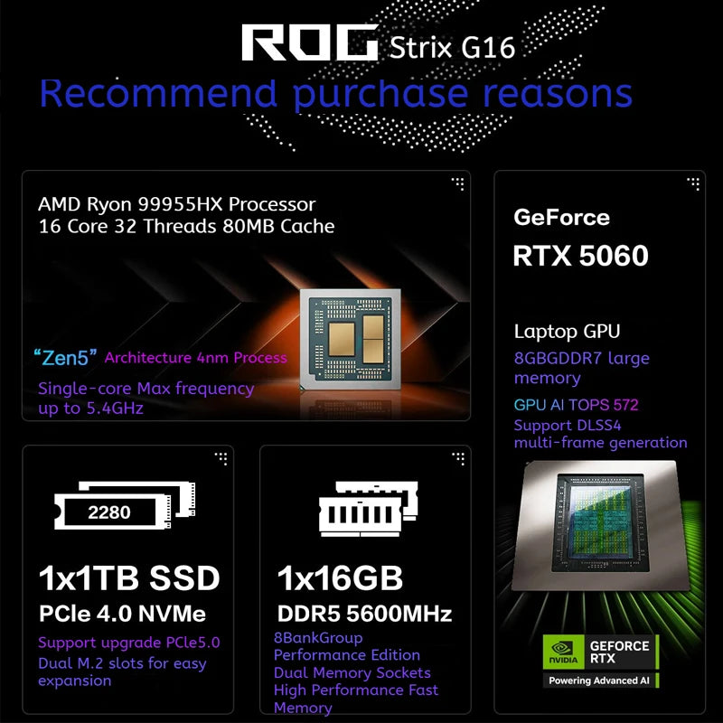 2025 ORIGINAL New ROG Strix G16 Ryzen9 RTX5070 SCAR EDITION 16GB RAM 1TB Laptops 16inch 2.5K Gaming Laptop