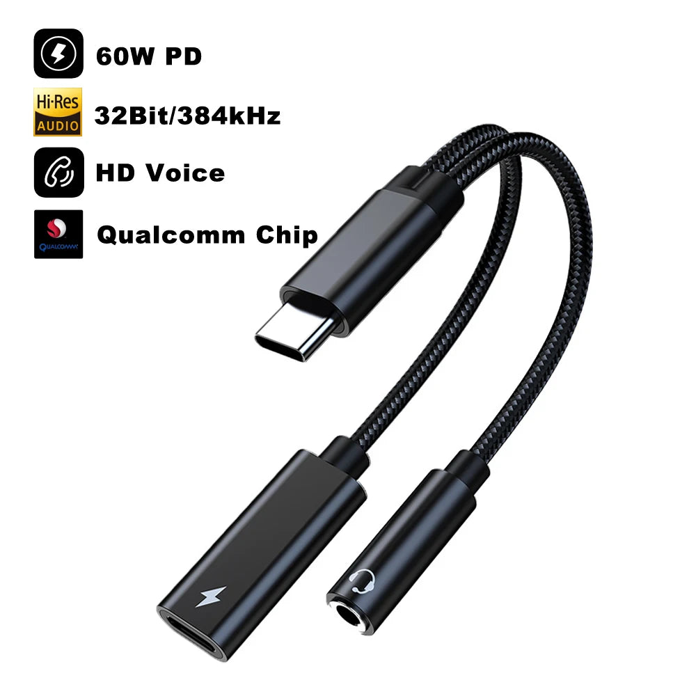 USB C To 3.5 MM Jack Adapter DAC Type-C 3.5mm Earphone HiFi Audio AUX Converter PD 60W Charger Headphone Cable