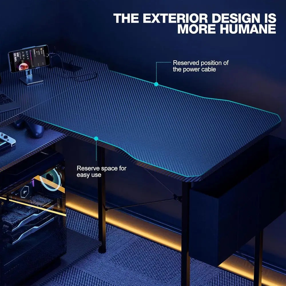 55 L-Shaped Gaming Desk - Black Carbon, Computer Desk with Power Outlets, Reversible Shelves & Storage