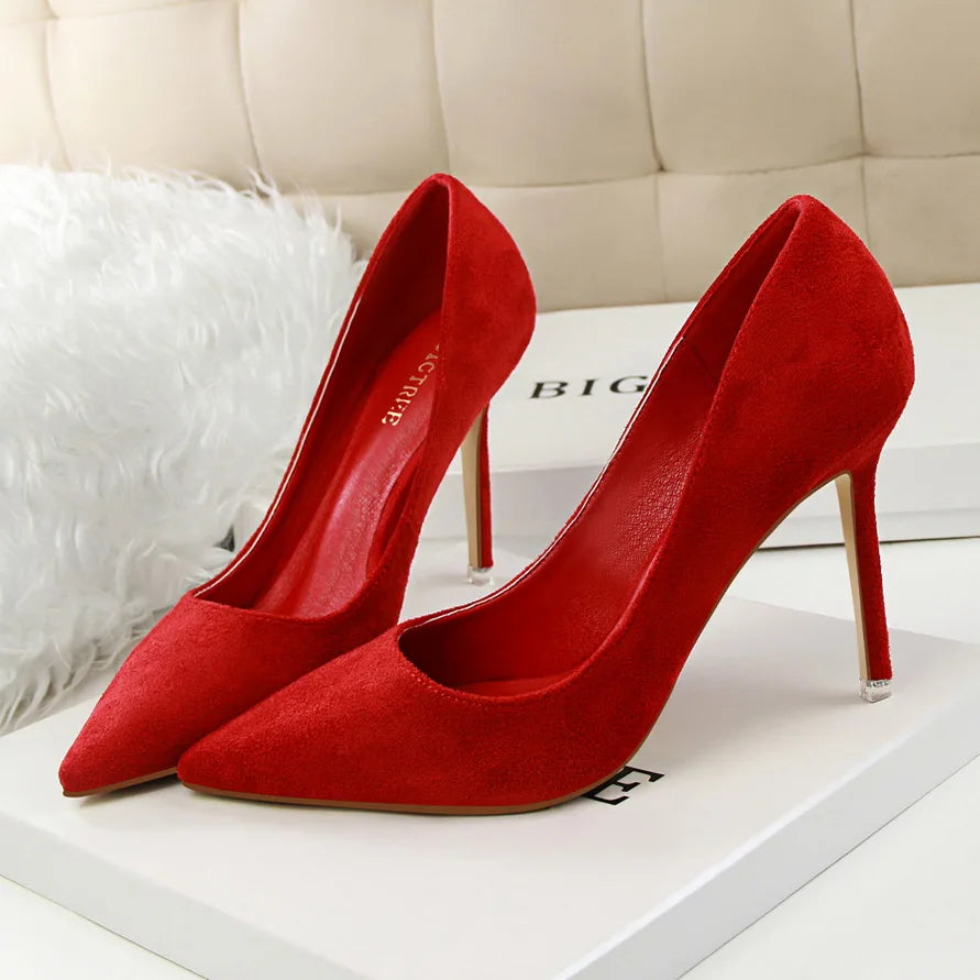 Women 9cm High Heels Yellow Burgundy Pumps Plus Size Stripper Suede Escarpins Lady Wedding Bridal Scarpins Green Blue Prom Shoes