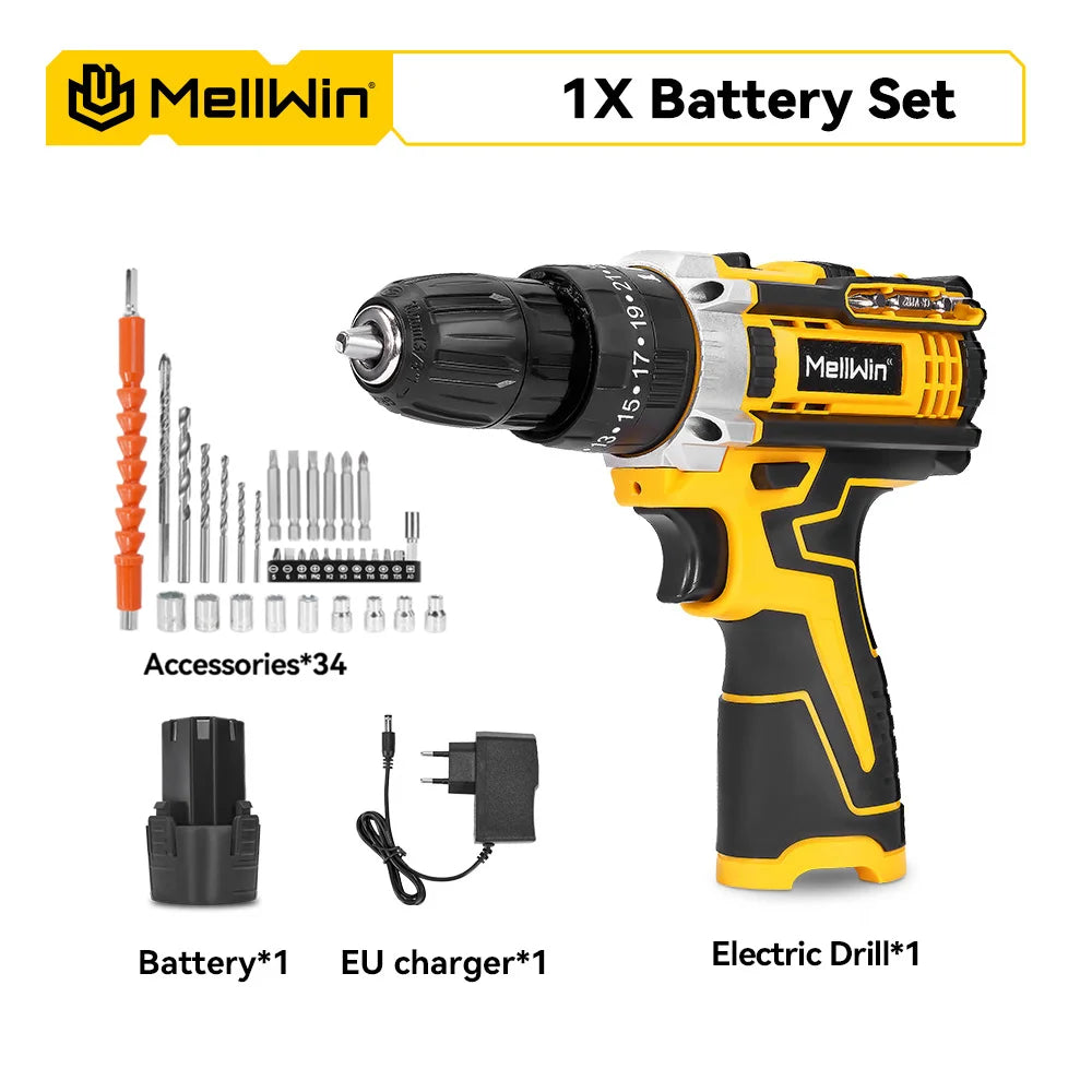 MELLWIN 25+3 Torque Electric Impact Drill Set Multipurpose Cordless Electric Screwdriver Power Tool For Makita 18V Battery Pin