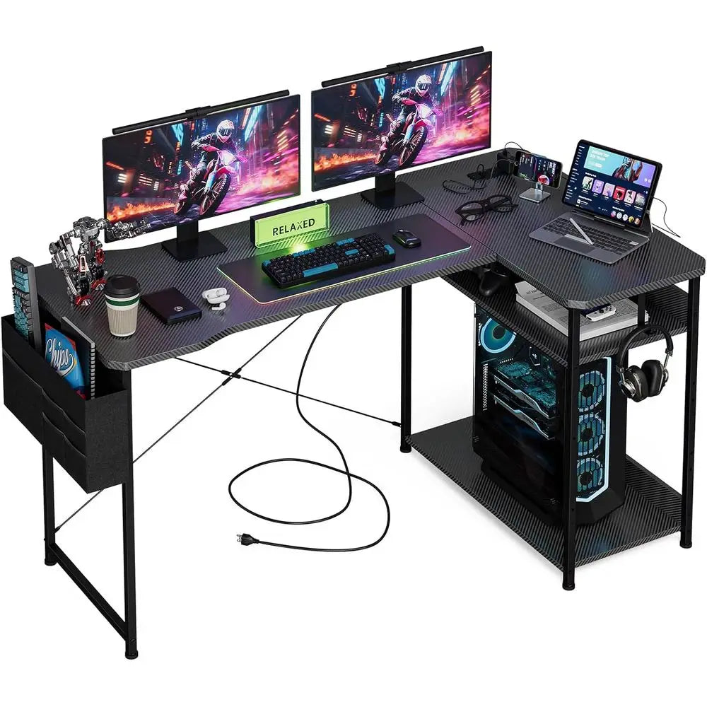 55 L-Shaped Gaming Desk - Black Carbon, Computer Desk with Power Outlets, Reversible Shelves & Storage