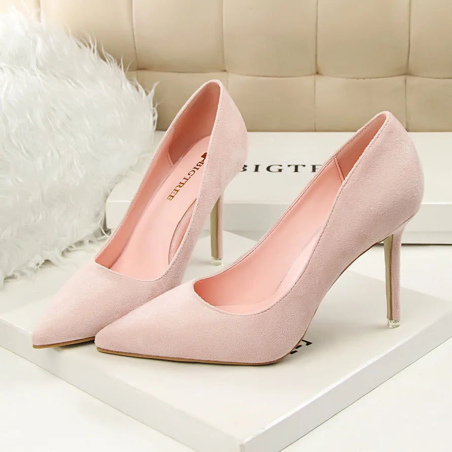 Women 9cm High Heels Yellow Burgundy Pumps Plus Size Stripper Suede Escarpins Lady Wedding Bridal Scarpins Green Blue Prom Shoes