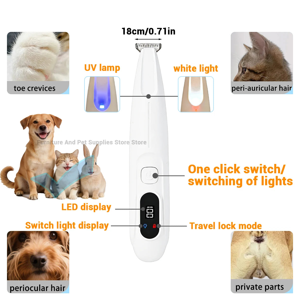 New LED/UV light dog paw trimmer fully waterproof pet hair trimmer with LED anti misoperation display screen dog and cat trimmer
