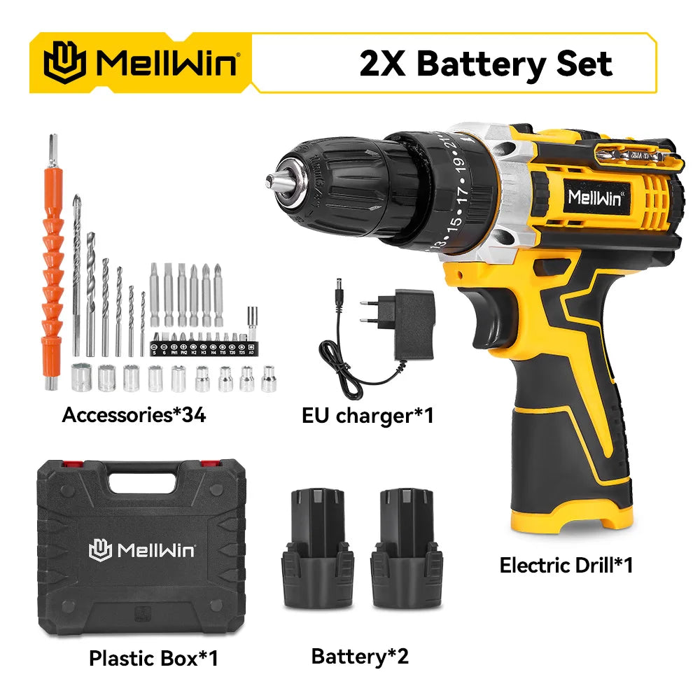 MELLWIN 25+3 Torque Electric Impact Drill Set Multipurpose Cordless Electric Screwdriver Power Tool For Makita 18V Battery Pin