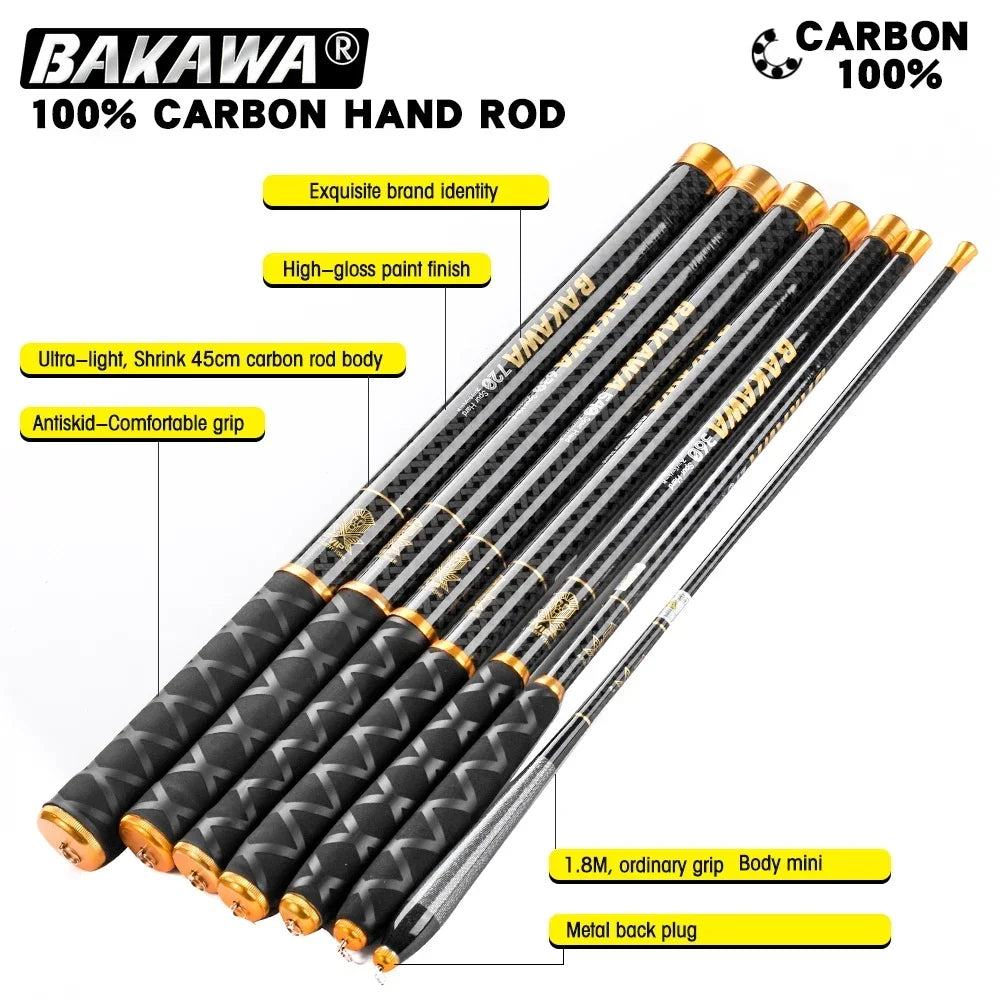 BAKAWA Ultralight Hard Carbon Fiber Hand Fishing Rod Telescopic 2.7M/3.6M/4.5M/5.4M/6.3M/7.2M Stream Pole Mini Travel Pesca