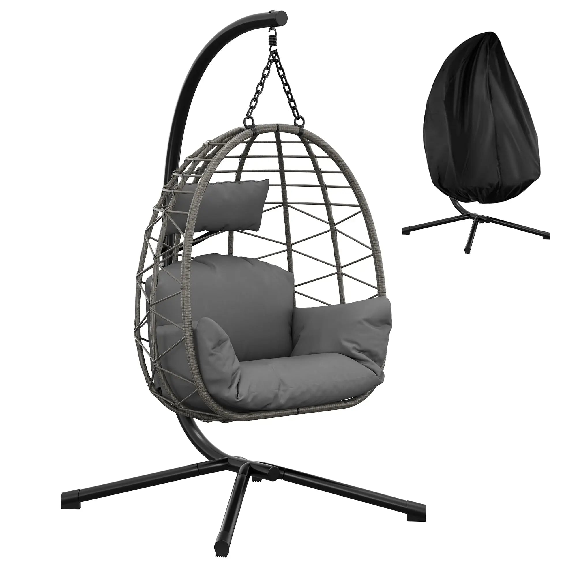 Hanging Egg Chair with Stand Waterproof Cushion & Headrest Lounge Hammock W/Rain Cover for Indoor Outdoor Garden Patio Balcony