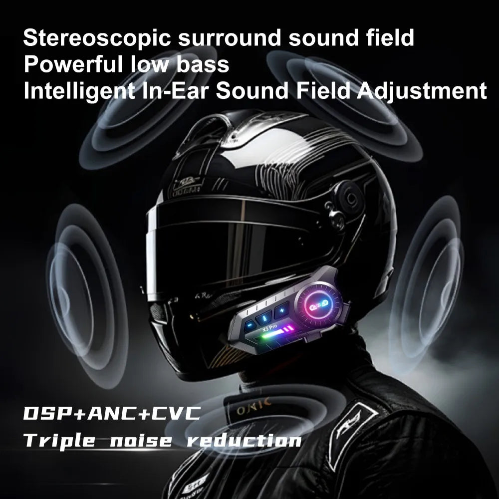X3 Pro Motorcycle Helmet Bluetooth Headset 2-Riders Intercom 1000M BT6.0 IPX6 Waterproof Voice Assistant NoiseReduction FM Radio