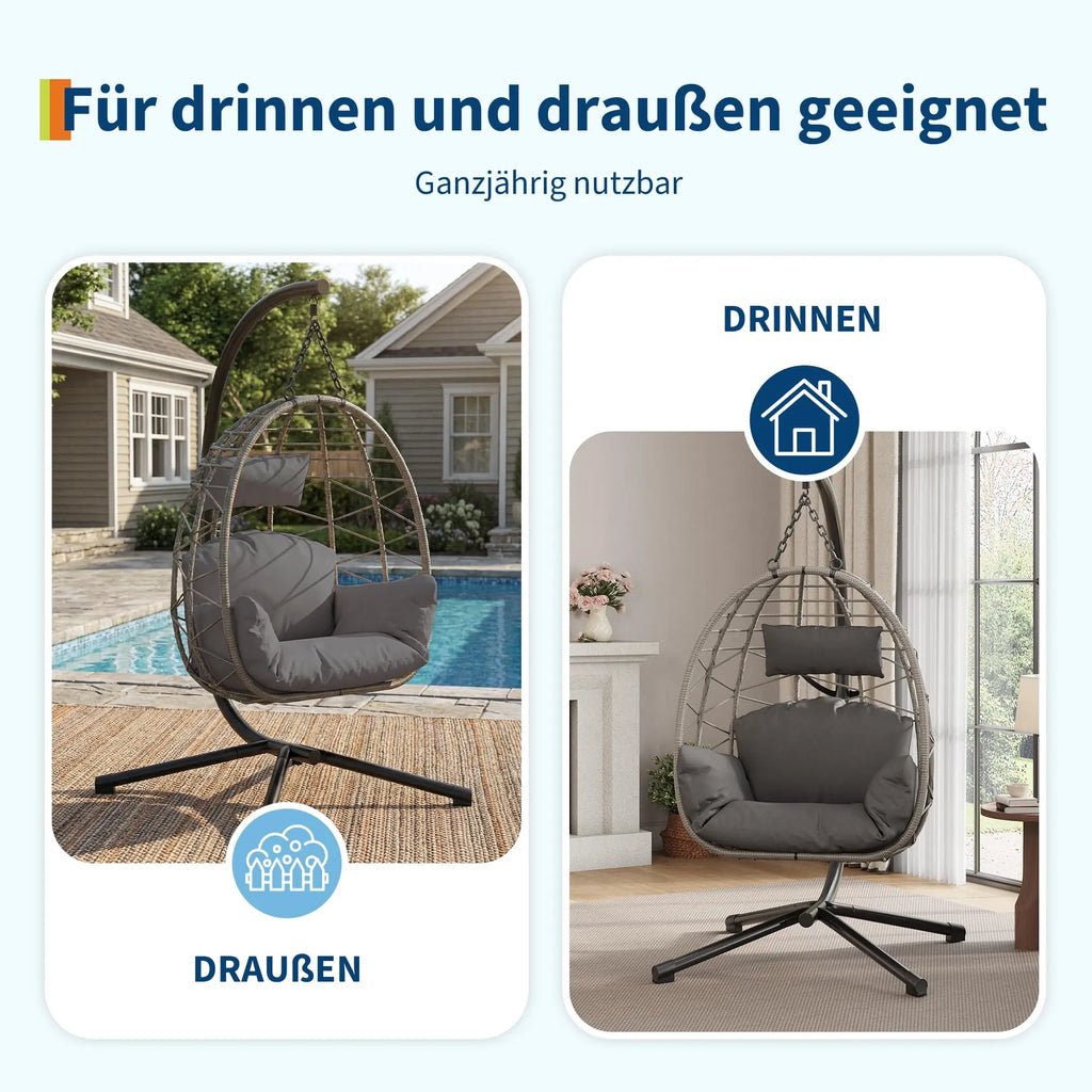 Hanging Egg Chair with Stand Waterproof Cushion & Headrest Lounge Hammock W/Rain Cover for Indoor Outdoor Garden Patio Balcony
