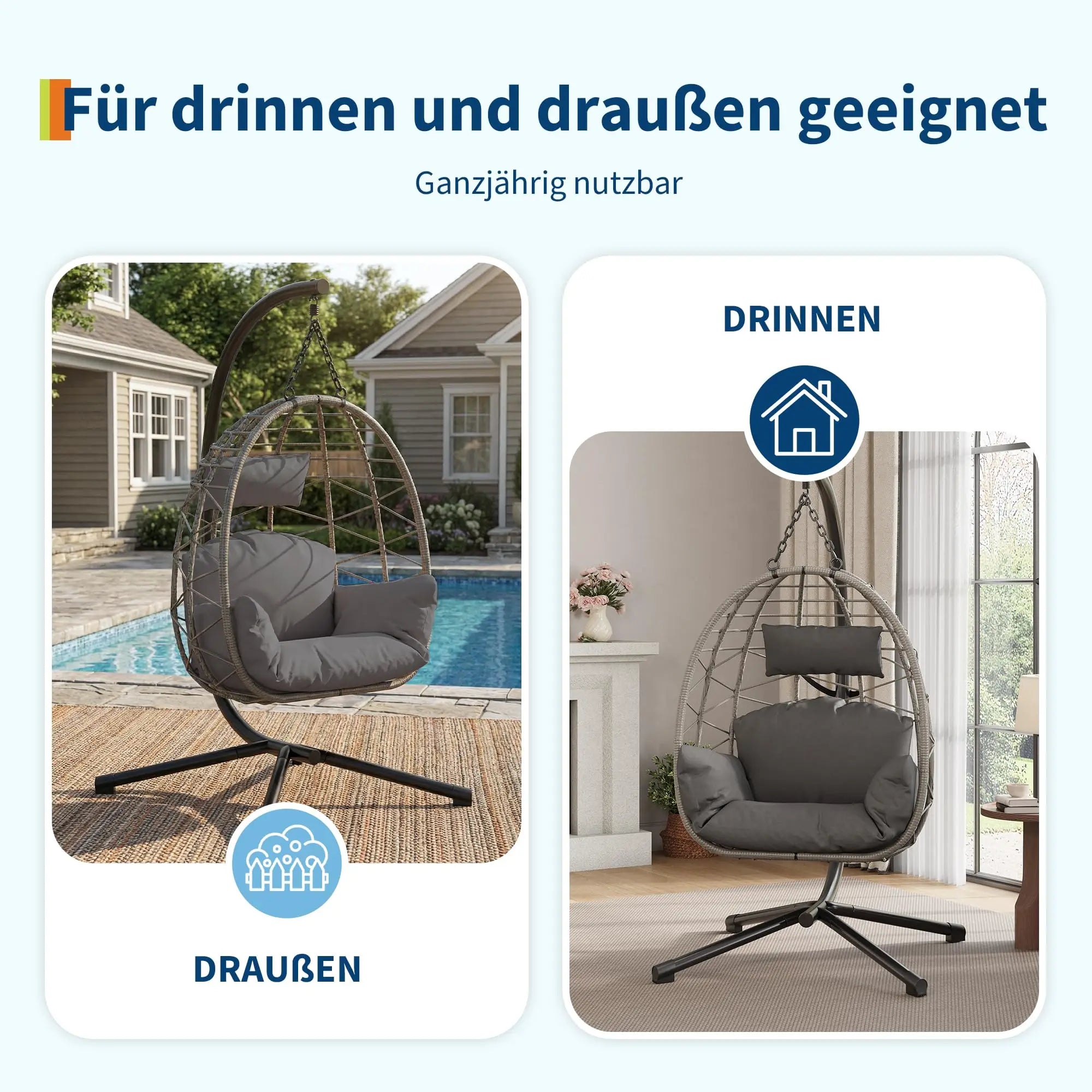 Hanging Egg Chair with Stand Waterproof Cushion & Headrest Lounge Hammock W/Rain Cover for Indoor Outdoor Garden Patio Balcony