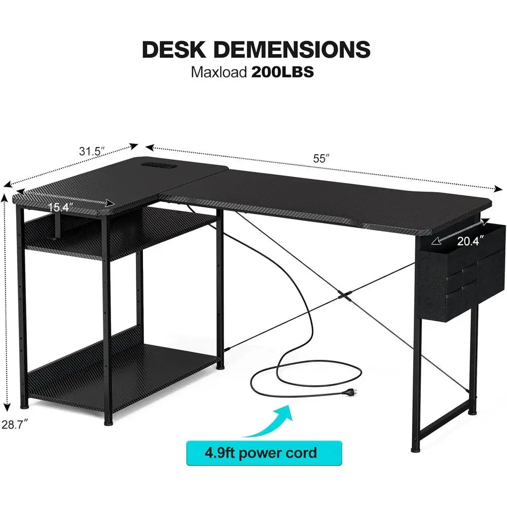 55 L-Shaped Gaming Desk - Black Carbon, Computer Desk with Power Outlets, Reversible Shelves & Storage