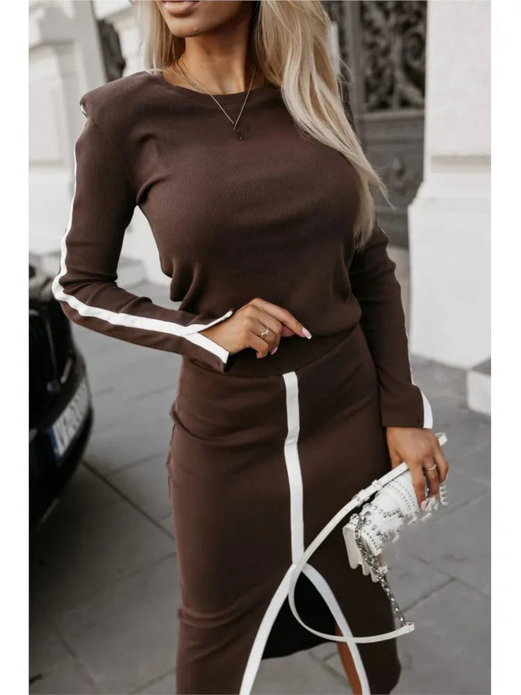 2025 Spring Autumn Elegant Sexy High Slit Skirts Outfit Women Long Sleeve Matching Sets Casual Solid Patchwork Ladies Suits New