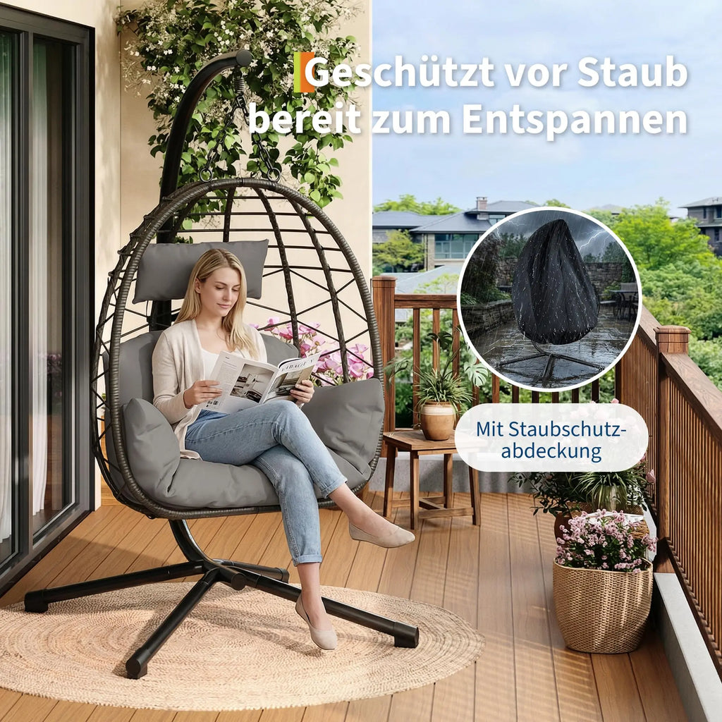 Hanging Egg Chair with Stand Waterproof Cushion & Headrest Lounge Hammock W/Rain Cover for Indoor Outdoor Garden Patio Balcony