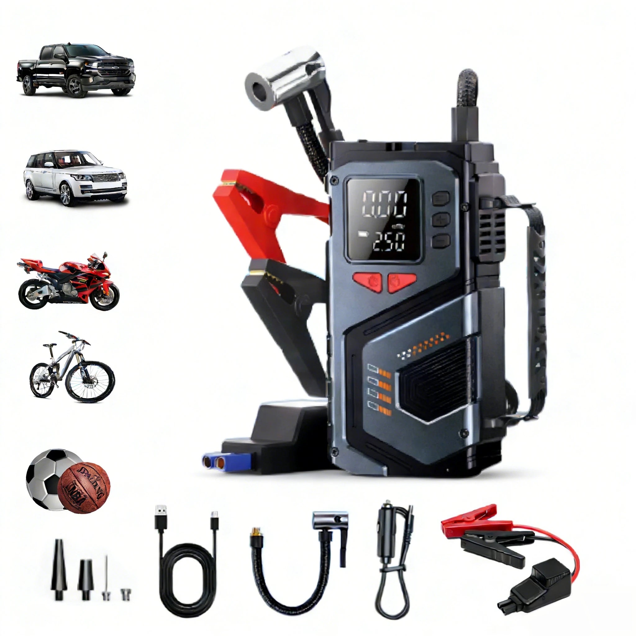 Portable Jump Starter With Air Compressor For 12V Petrol Diesel Car 150 PSI Car Tires Air Pump with LED Lights & Pressure Gauge