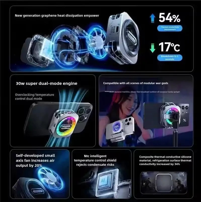 6 PRO Liquid Cooler Phone 30W Power Magnetic Cooling Fan Game Live Streaming For RedMagic 10Pro Honor Magic7 Pro iPhone Android
