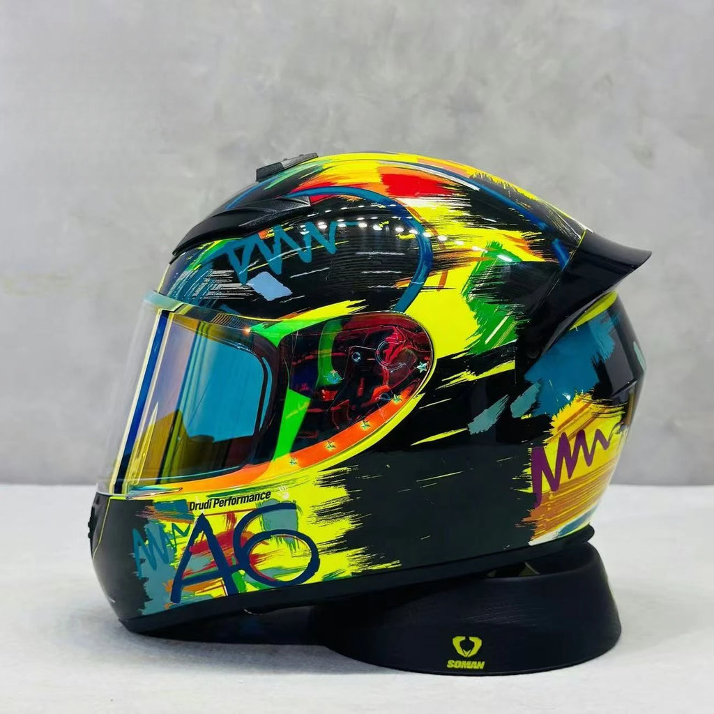 Street Graffiti Style Full Face Motorcycle Helmet Reduces Wind Drag Stabilizing Head at High Speeds for a Less Fatiguing Ride