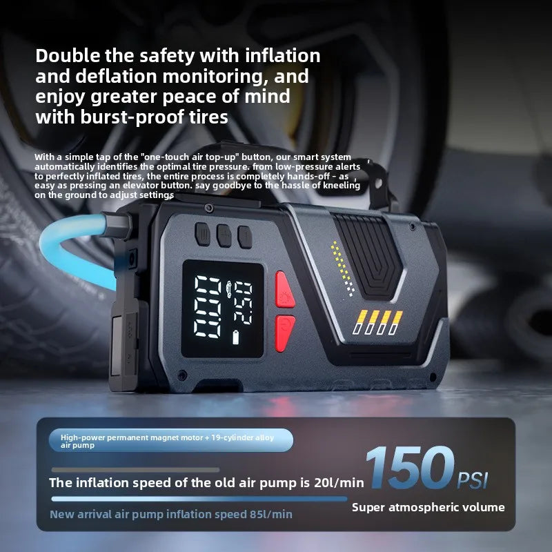 Portable Jump Starter With Air Compressor For 12V Petrol Diesel Car 150 PSI Car Tires Air Pump with LED Lights & Pressure Gauge
