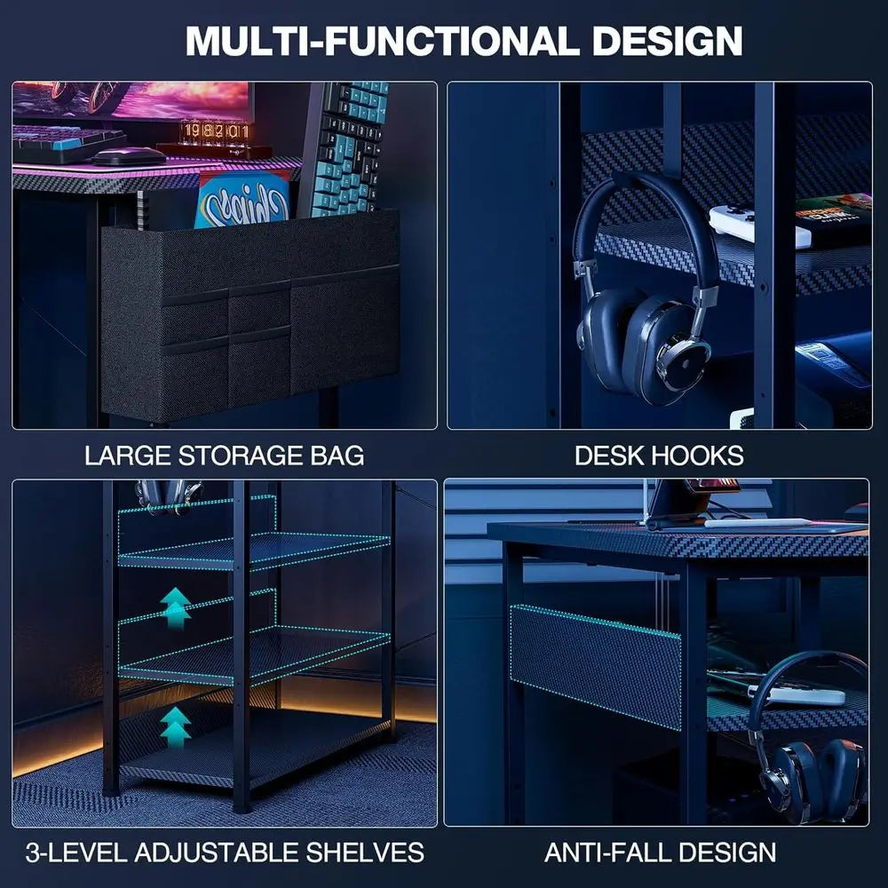 55 L-Shaped Gaming Desk - Black Carbon, Computer Desk with Power Outlets, Reversible Shelves & Storage