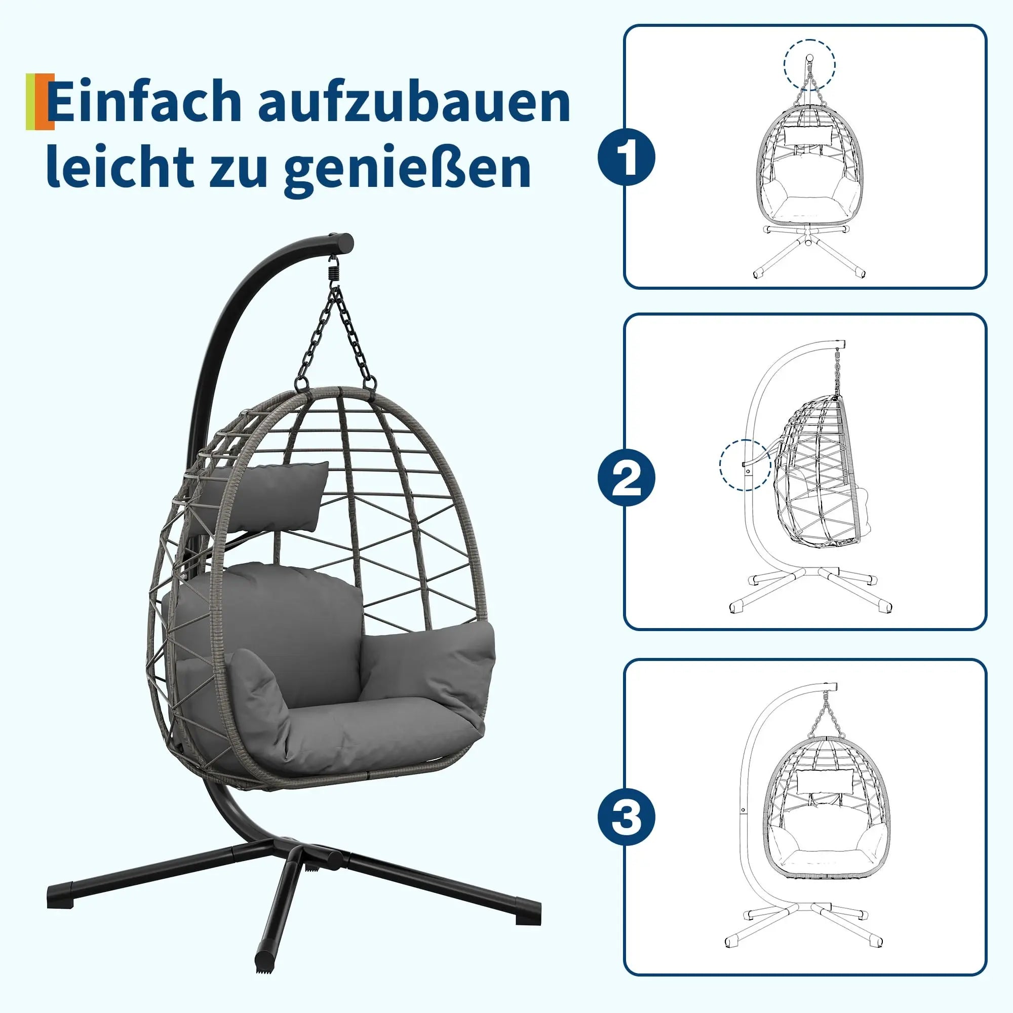 Hanging Egg Chair with Stand Waterproof Cushion & Headrest Lounge Hammock W/Rain Cover for Indoor Outdoor Garden Patio Balcony