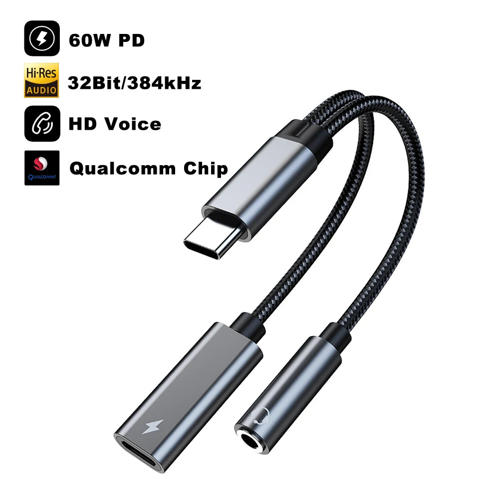 USB C To 3.5 MM Jack Adapter DAC Type-C 3.5mm Earphone HiFi Audio AUX Converter PD 60W Charger Headphone Cable