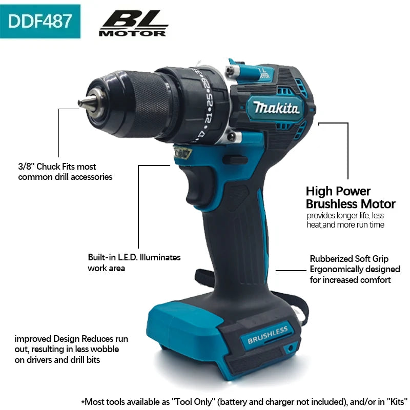 Makita DDF487 10mm brushless 18V lithium rechargeable impact drill household hand drill high torque electric screwdriver DDF487