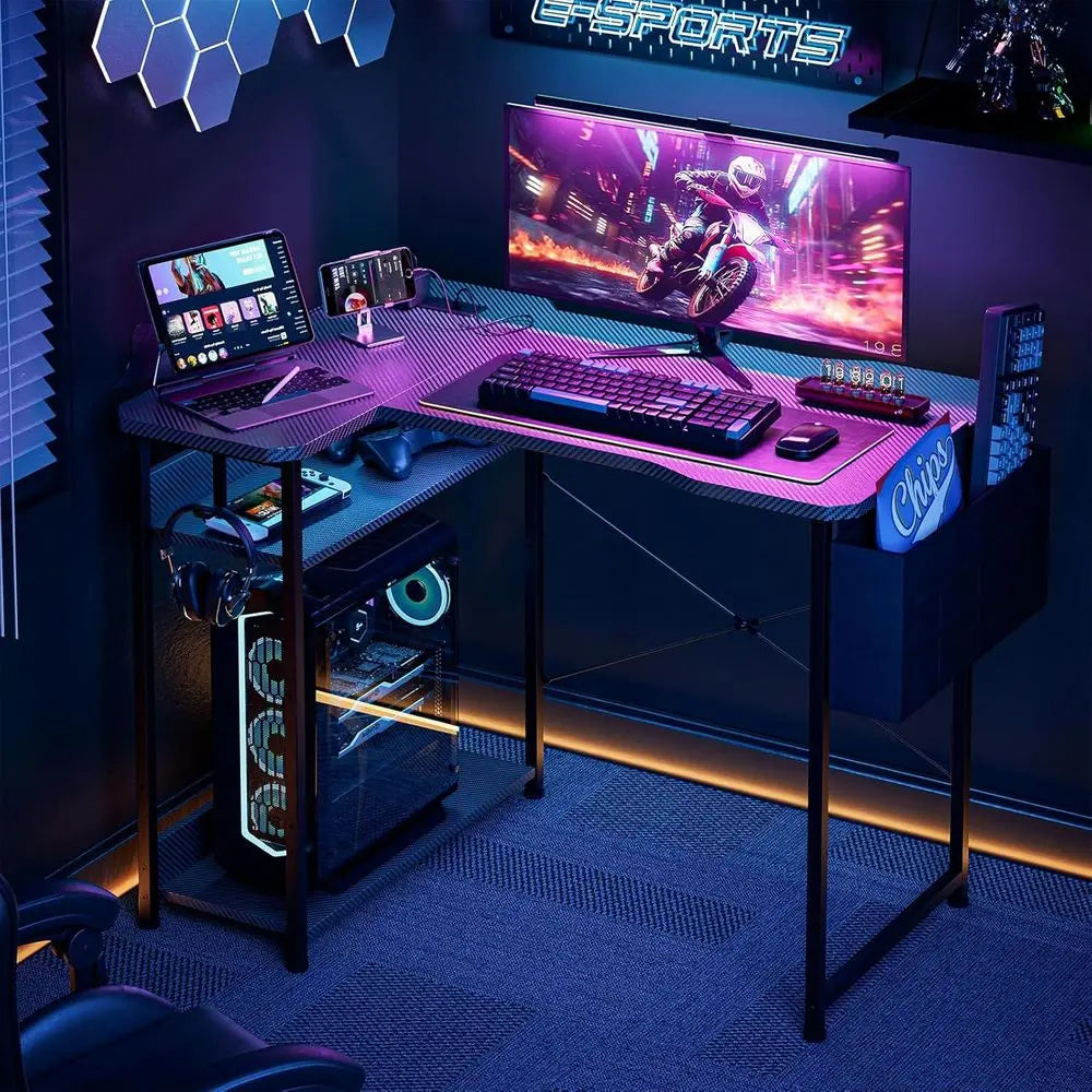 55 L-Shaped Gaming Desk - Black Carbon, Computer Desk with Power Outlets, Reversible Shelves & Storage