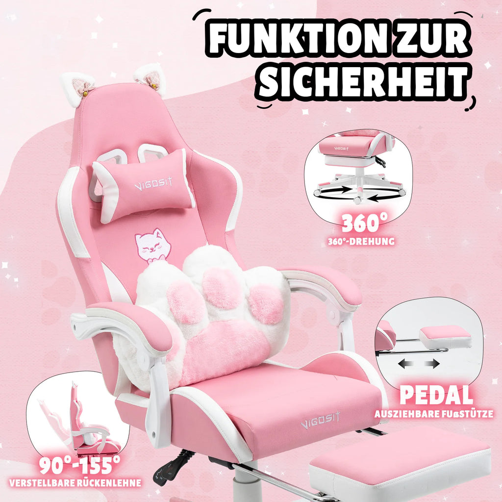 Vigosit Gaming chair Cute Ears and Kawaii Pillow Ergonomic Computer Game chair for girls with Lumbar Support