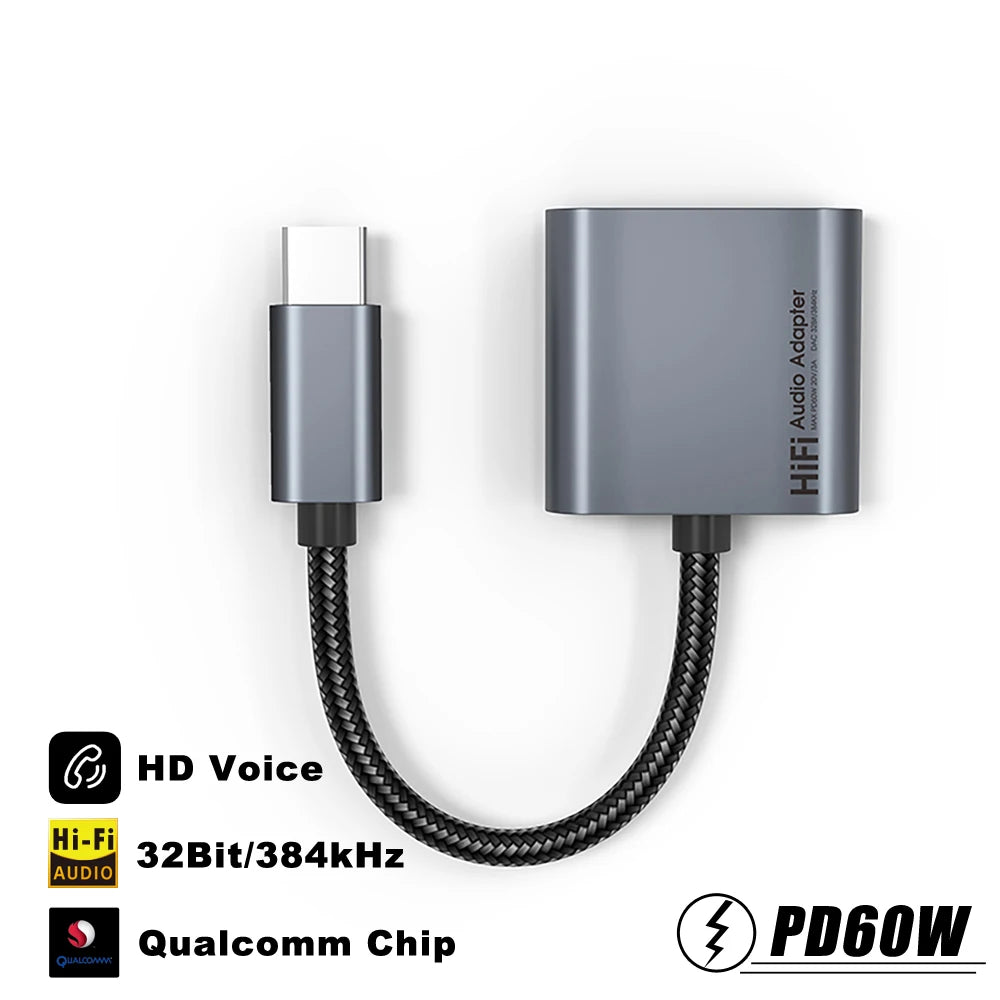 USB C To 3.5 MM Jack Adapter DAC Type-C 3.5mm Earphone HiFi Audio AUX Converter PD 60W Charger Headphone Cable