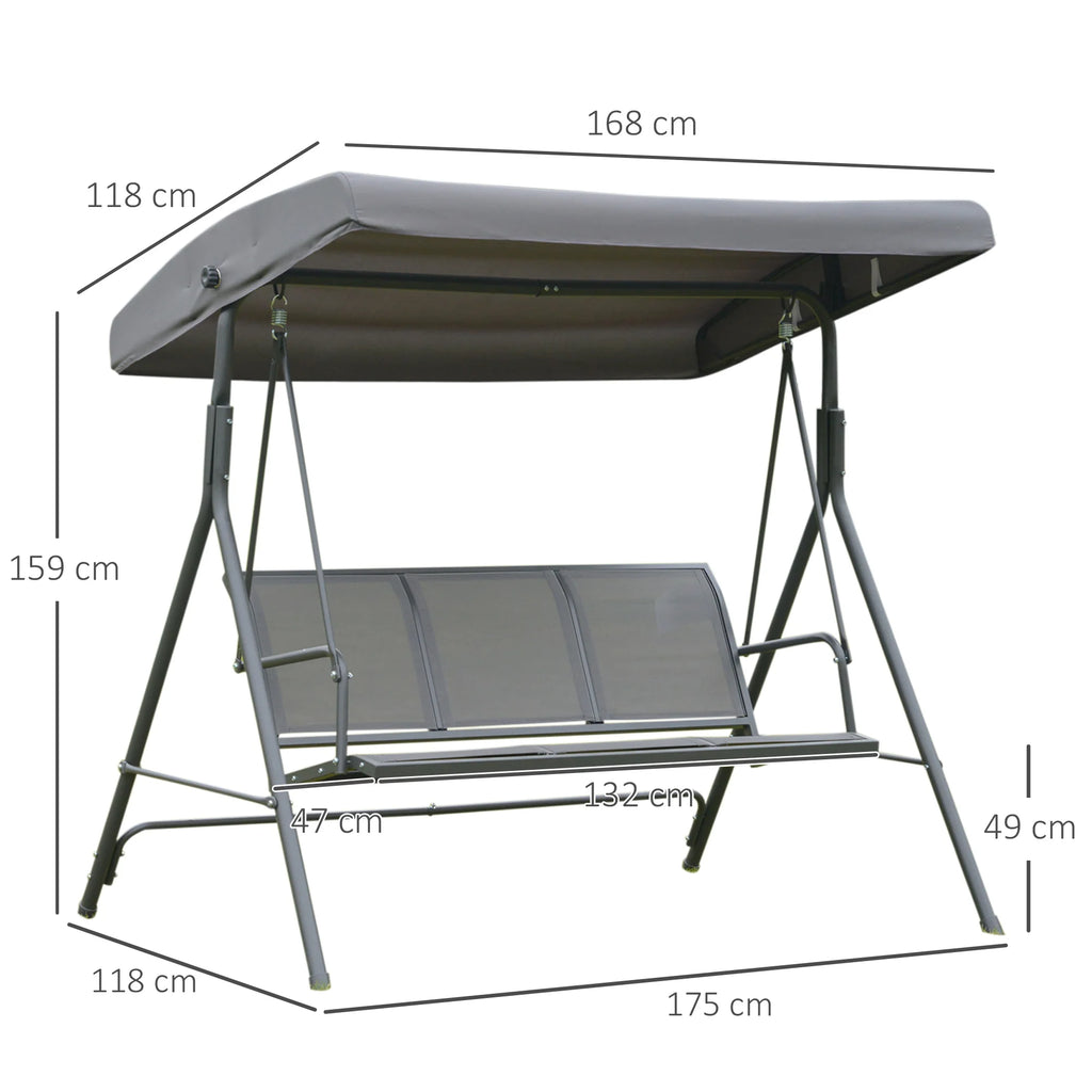 Outsunny 3 seater garden swing with roof sunshade adjustable breathable backrest and steel frame 175x118x159 cm