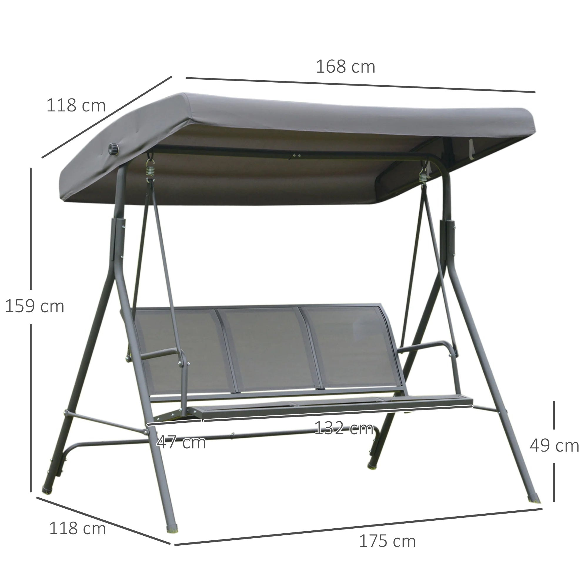 Outsunny 3 seater garden swing with roof sunshade adjustable breathable backrest and steel frame 175x118x159 cm