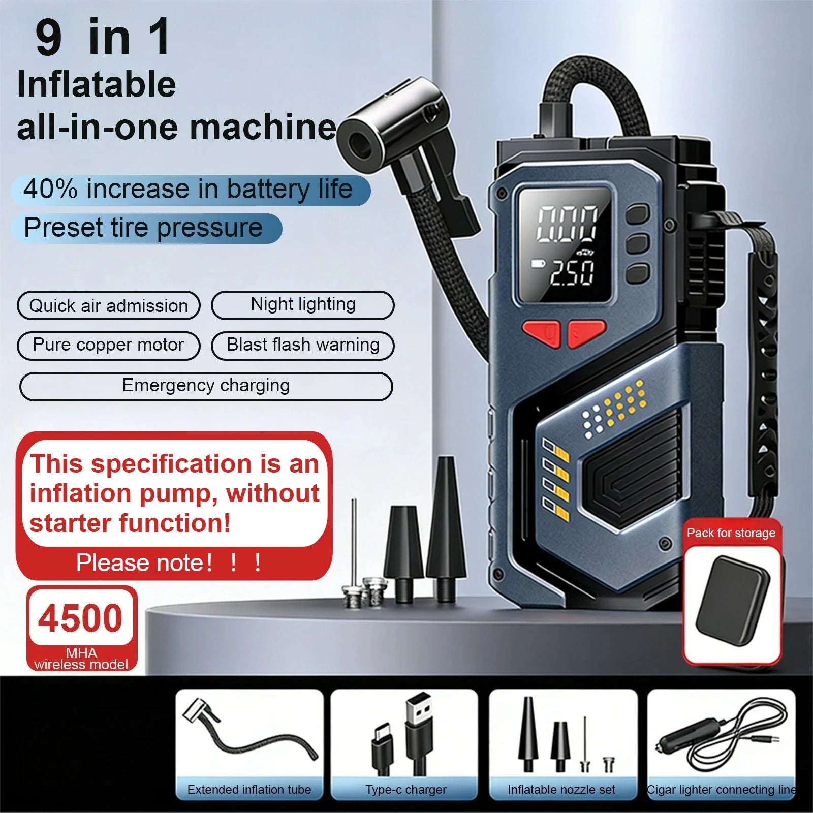 Portable Jump Starter With Air Compressor For 12V Petrol Diesel Car 150 PSI Car Tires Air Pump with LED Lights & Pressure Gauge
